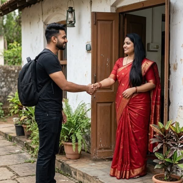 Client greeting a professional wellness service provider at her home doorstep